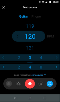 Interface de réglages du métronome et looper de l'application mobile HyVibe